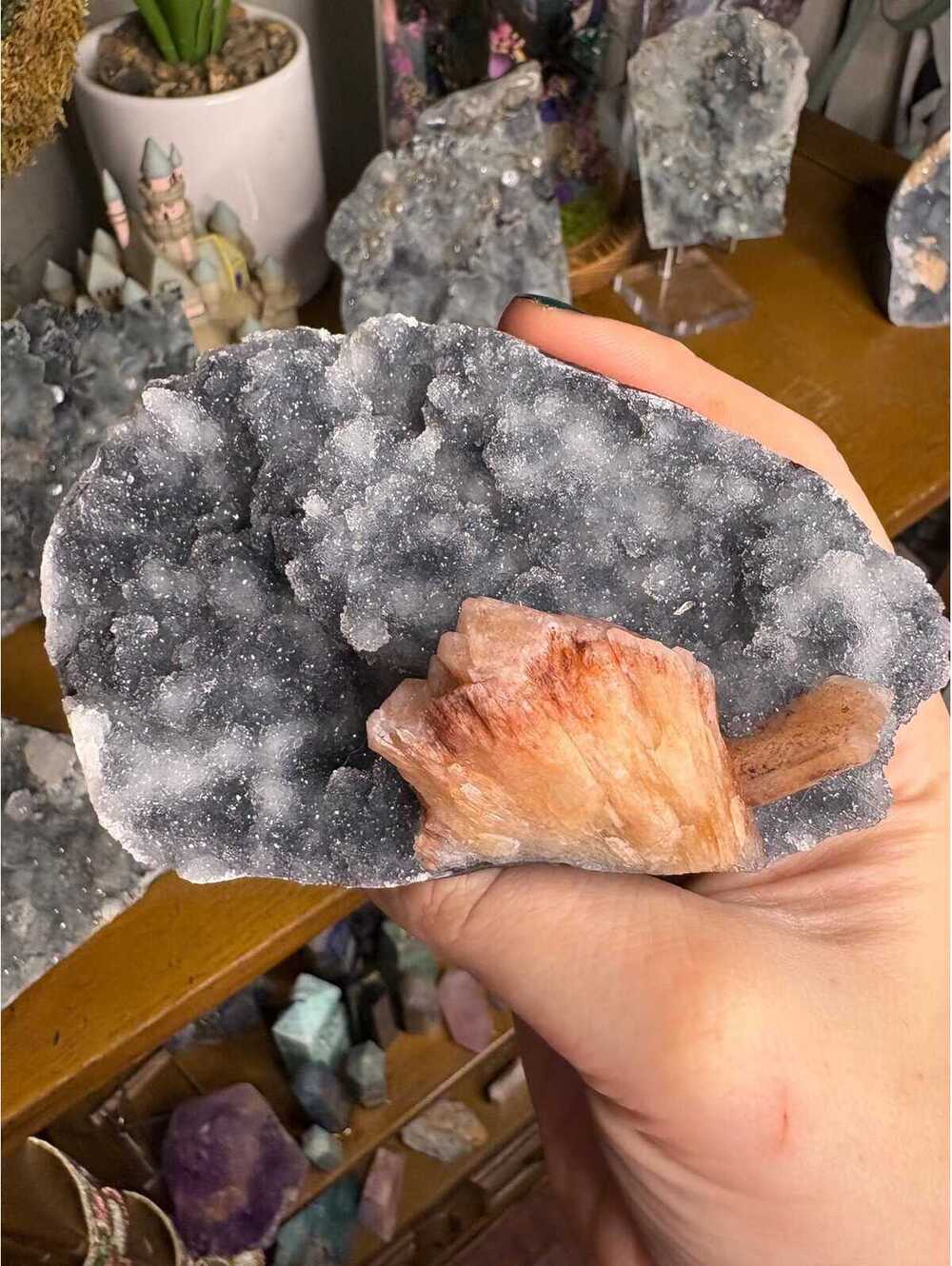 Blue Chalcedony with Druzy Quartz & Stilbite | India